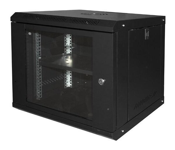 ARMADIO RACK DA MURO PER RETI 19" 9U 450X400X530 CON RIPIANO (LK1909UNL) NERO