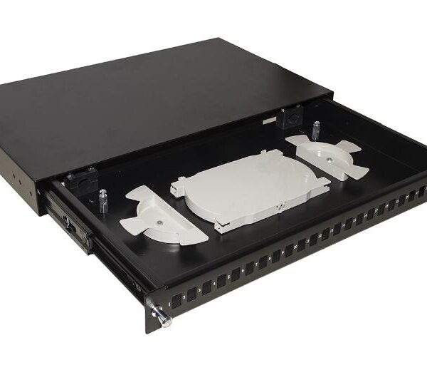 CASSETTO FIBRA OTTICA 24 PORTE PER ADATTATORI LC DUPLEX E SC SIMPLEX 1 UNITA' PER INSTALLAZIONE 19" NERO CON BINARI TELESCOPICI (LKFO24N)