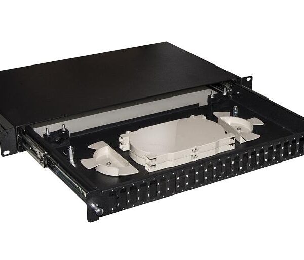 CASSETTO FIBRA OTTICA 24 PORTE PER ADATTATORI SC DUPLEX 1 UNITA' PER INSTALLAZIONE 19" NERO CON BINARI TELESCOPICI (LKFO24SCDN)