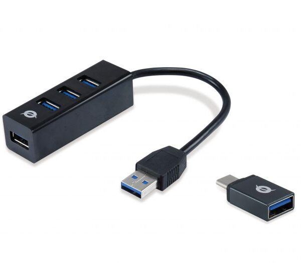 HUB 3 PORTE USB 3.2 GEN 1 (3.1 GEN 1) TYPE-A (HUBBIES04B) NERO CON ADATTATORE USB-C