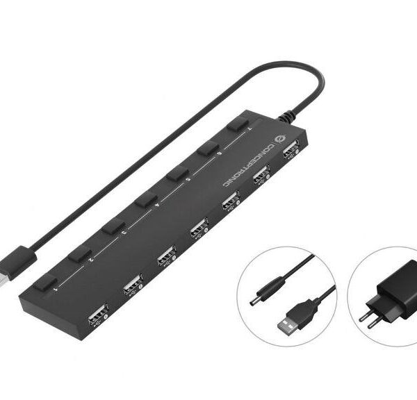 HUB 7 PORTE USB 2.0 (HUBBIES08BP) NERO ALIMENTATO