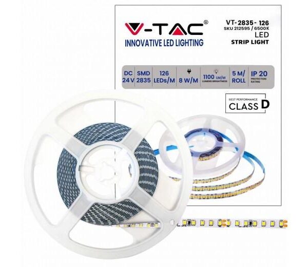 STRISCIA LED VT-2835 137LM/M 24V STRIP 5MT 8W/MT BIANCO FREDDO 6500K IP20 (212595)