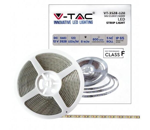 STRISCIA LED VT-3528 120LED/M 12V STRIP 5MT 8W/M BIANCO FREDDO 6500K IP65 (212037)