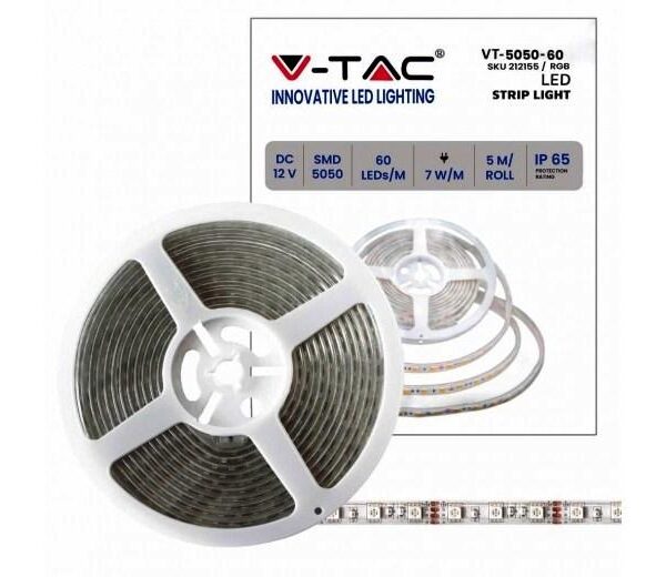 STRISCIA LED VT-5050 100LM/MT 12V STRIP 5MT 7W/MT RGB IP65 (212155)