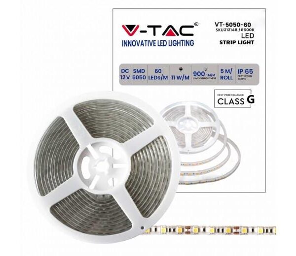 STRISCIA LED VT-5050-60 60LED/MT 12V STRIP 5MT 11W/M BIANCO FREDDO 6500K IP65 (212148)